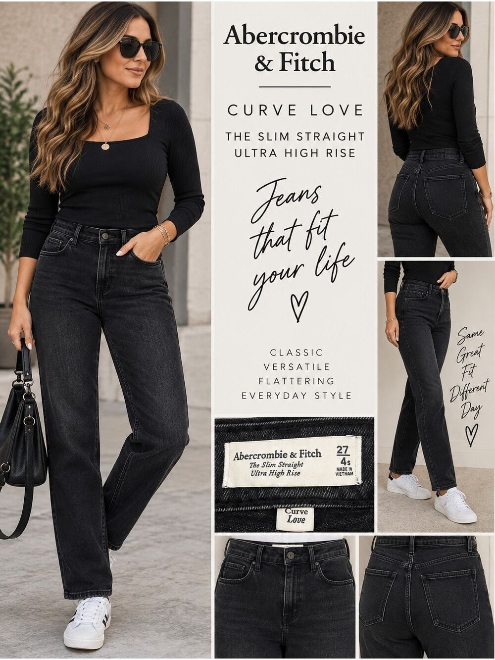 Abercrombie & Fitch Curve Love Ultra High Rise Slim Straight Jeans 27 4S Black